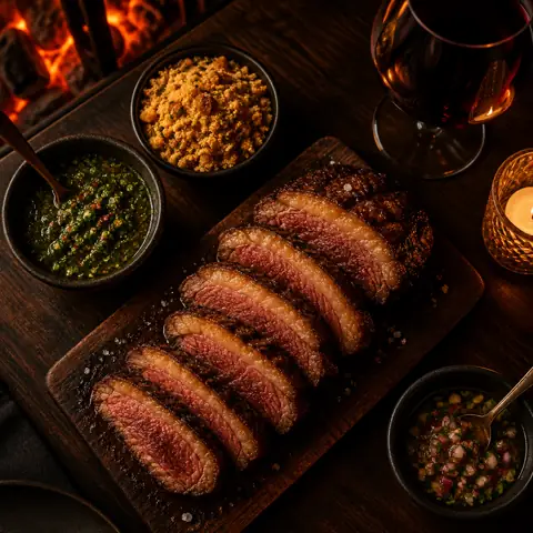Picanha fatiada com chimichurri, farofa e vinagrete na mesa