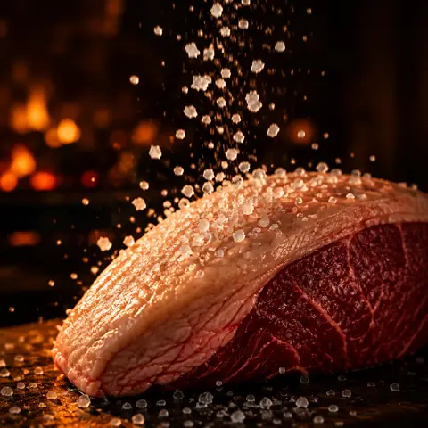 Sal grosso caindo sobre a gordura da picanha crua