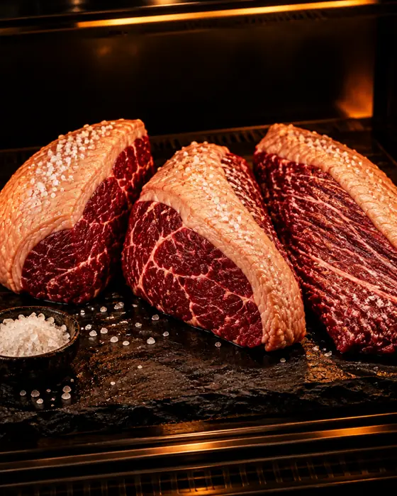 Picanha, ancho e fraldinha crus lado a lado na vitrine