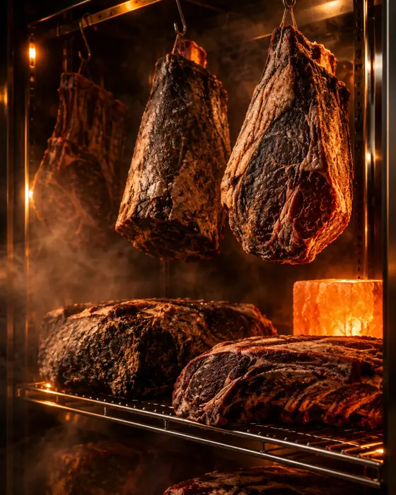 Peças de carne maturando em câmara com bloco de sal rosa