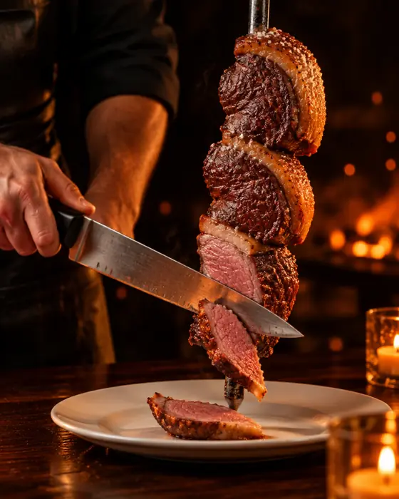 Passador fatiando picanha do espeto direto no prato