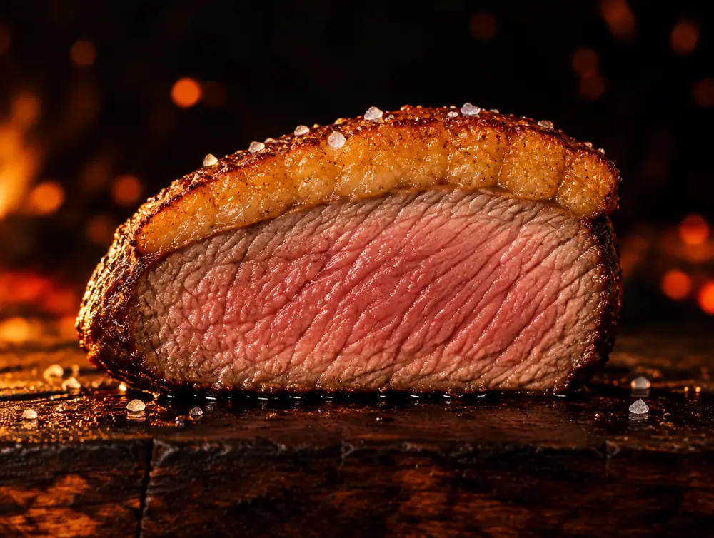 Fatia de picanha ao ponto, rosada de ponta a ponta