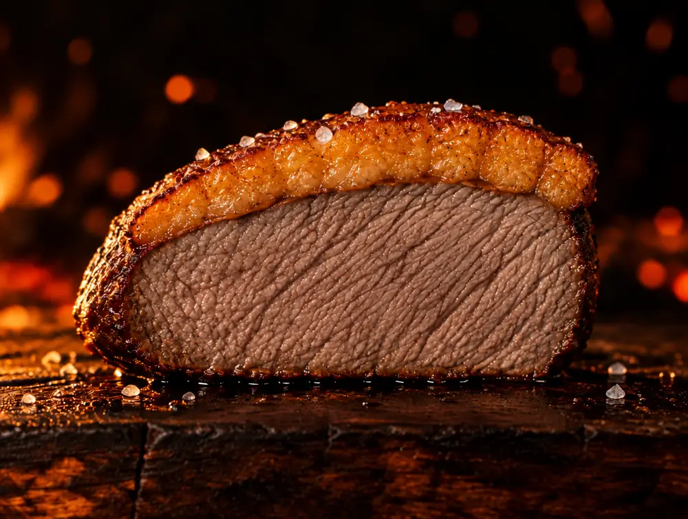 Fatia de picanha bem passada, sem rosado e ainda suculenta