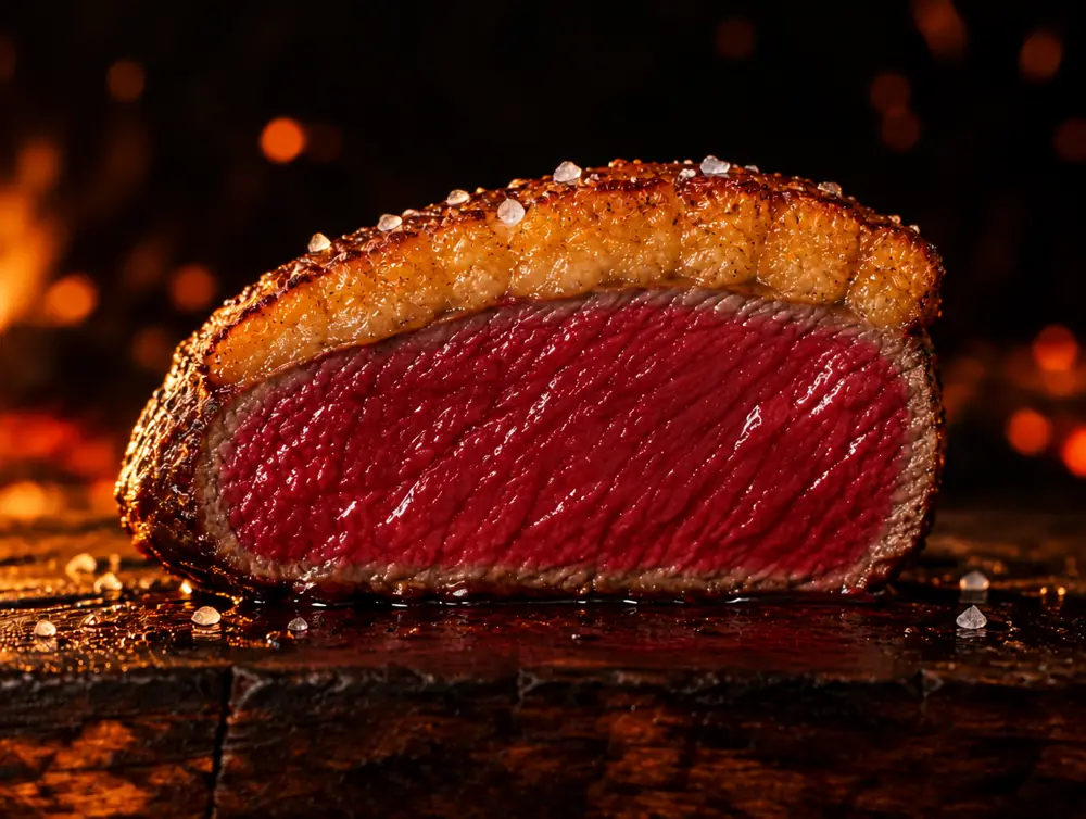 Fatia de picanha mal passada, com o miolo vermelho ocupando quase todo o corte