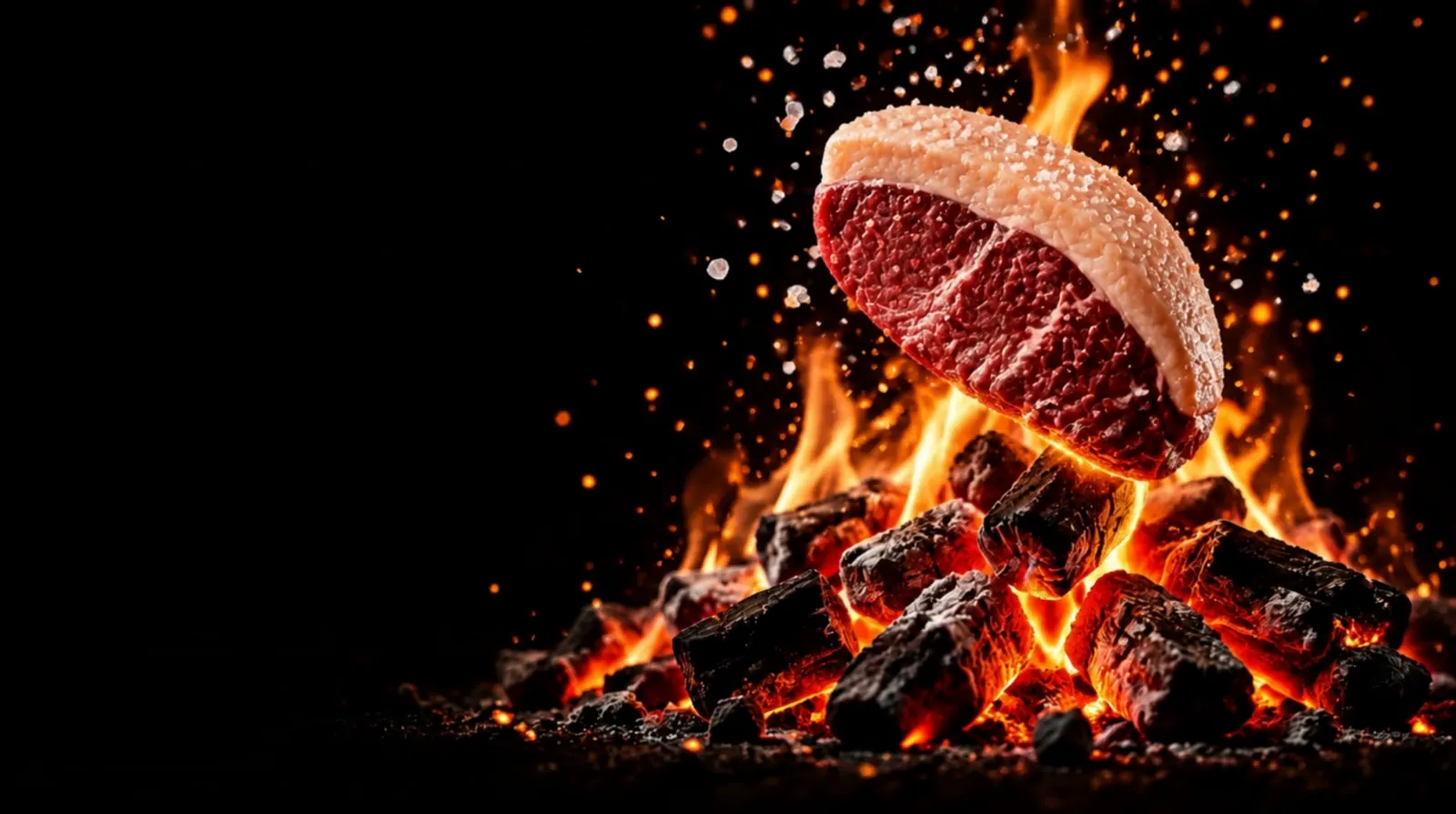 Picanha crua flutuando sobre o fogo com sal grosso caindo