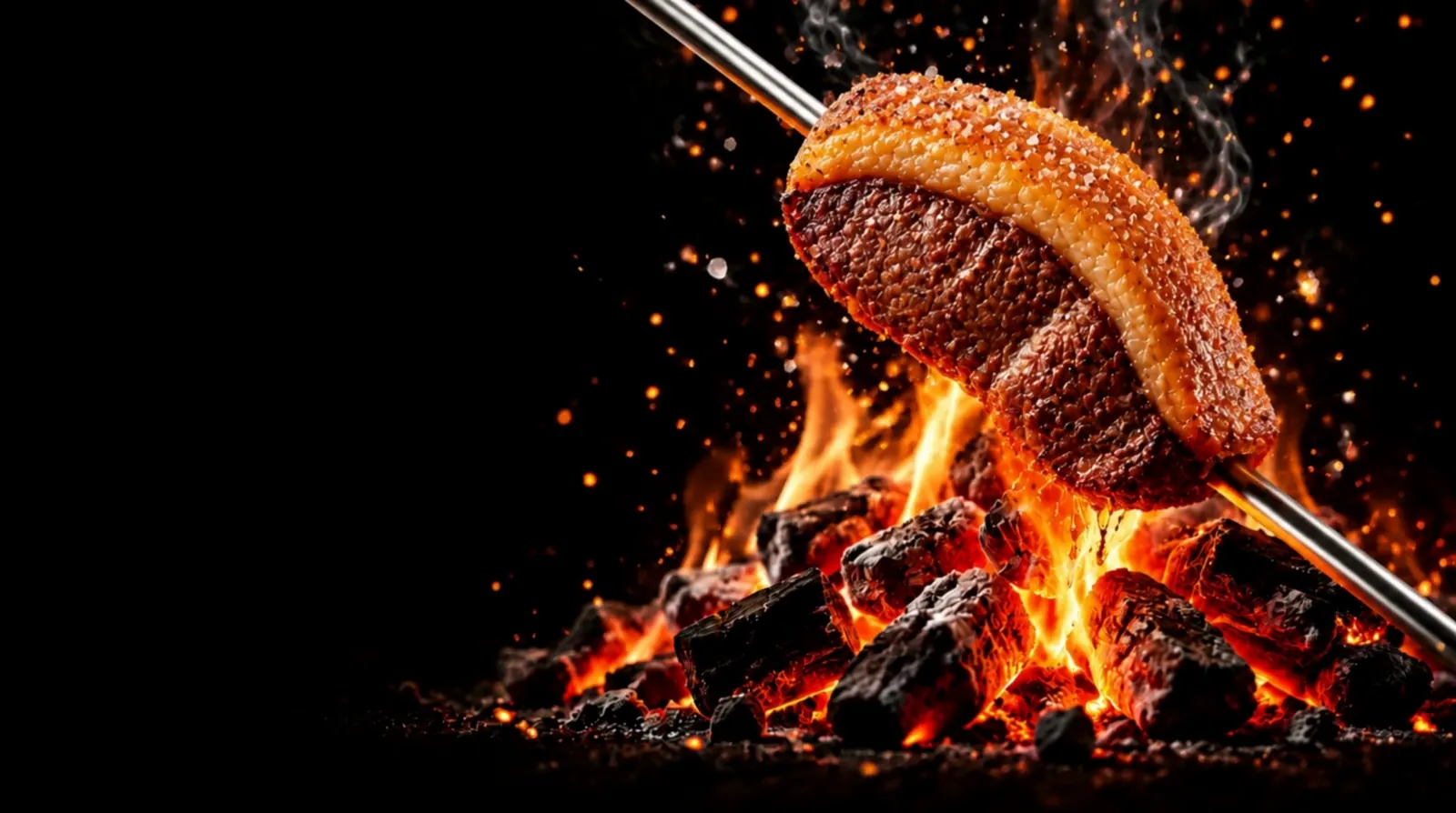 Picanha dobrada no espeto de aço sobre a brasa, com a gordura dourando