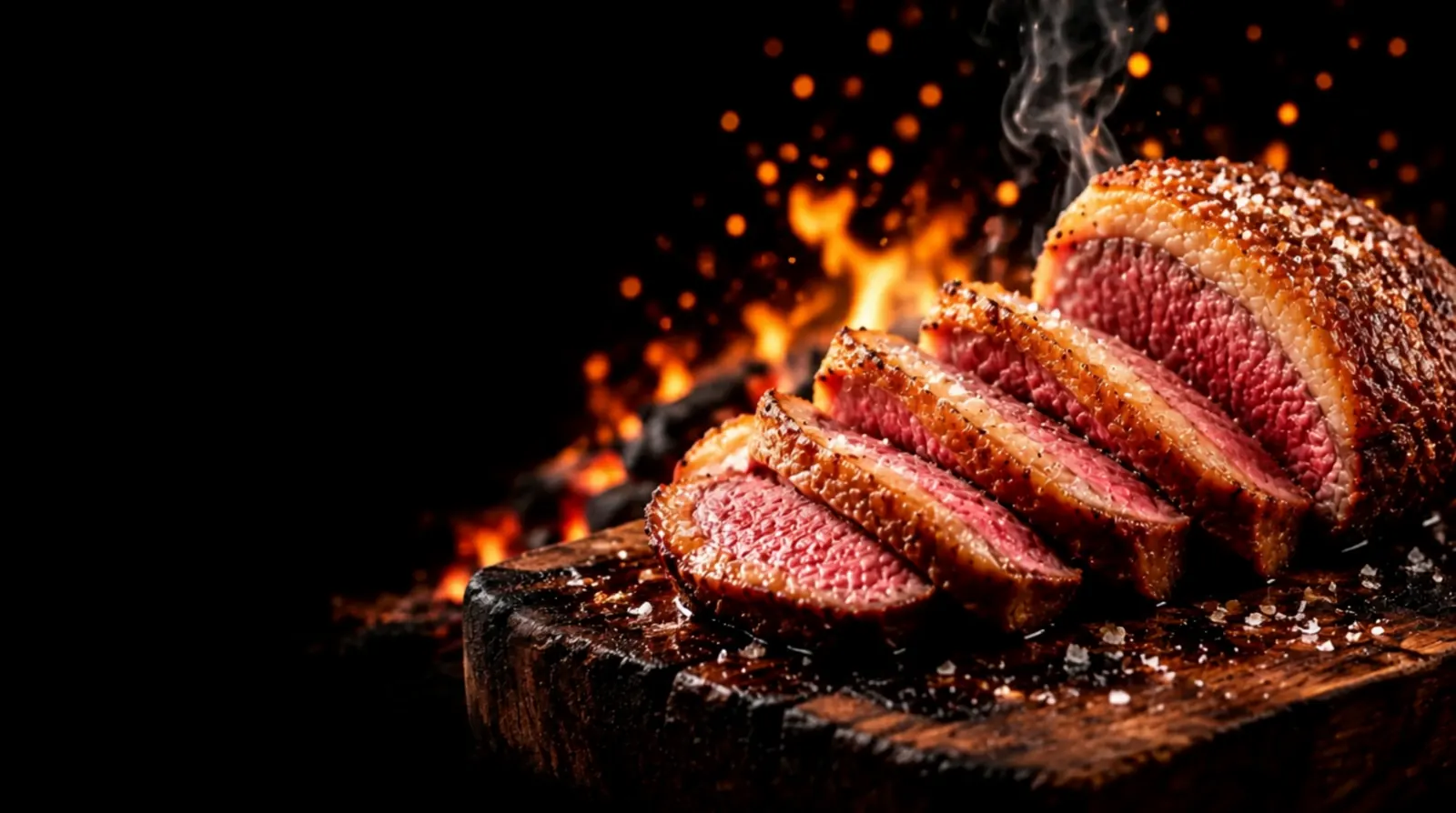 Picanha fatiada na tábua de madeira com o centro rosado