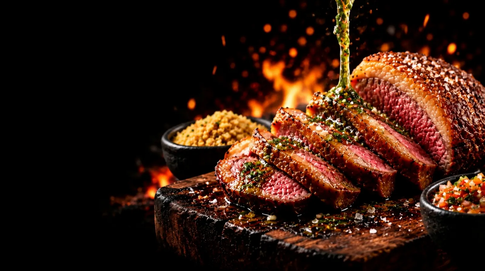 Chimichurri caindo sobre a picanha fatiada, com farofa e vinagrete ao lado